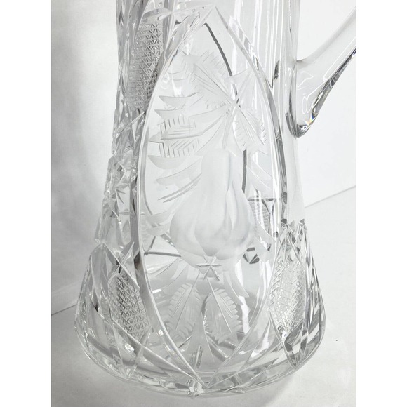 Large Beautifully Cut Crystal Fruit Motif/Starburst Handled Pitcher 11 1/4” 44oz - Picture 3 of 7